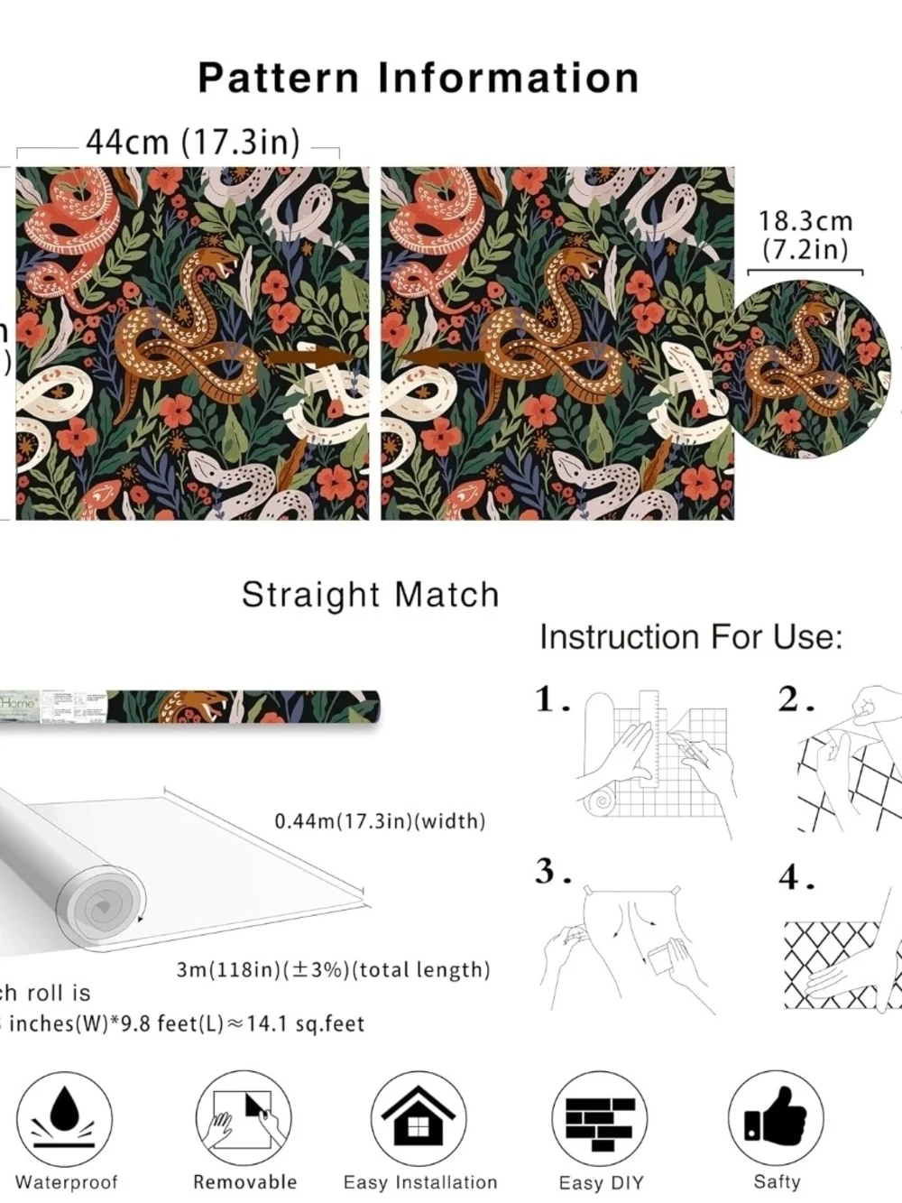 HAOKHOME Snake Wallpaper Peel & Stick Whimsical Forest Jungle Floral 9.8' X 17